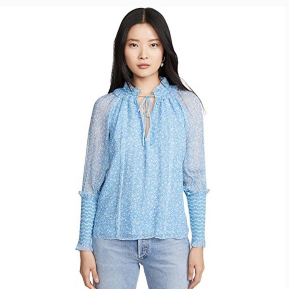 Jonathan Simkhai Sophia Silk Floral Blue Crinkle Chiffon Top Blouse Size Large
